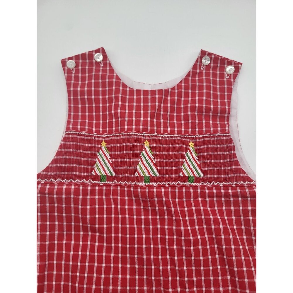 VTG 12M Red Checkered Christmas Tree Smocked Jon Jon Romper One Piece Preppy - Picture 6 of 8
